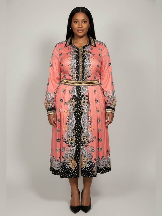 Fashion Collection Vogue Dresses & Skirts - Coral Print Button-Front Midi Shirt Dress with Black Trim
